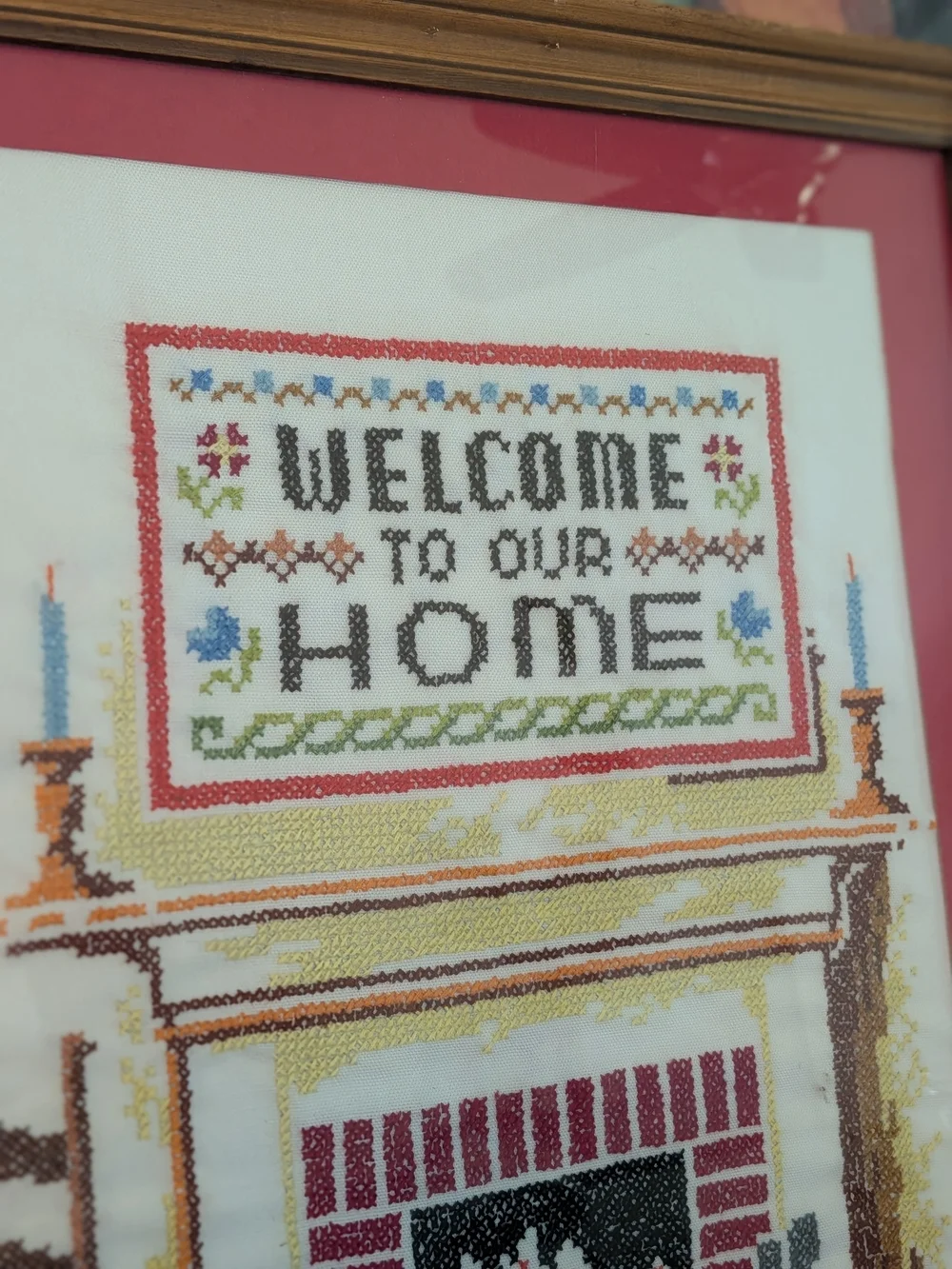 Welcome to Our Home Framed Cross-Stitch Wall Art - Red Mat Large